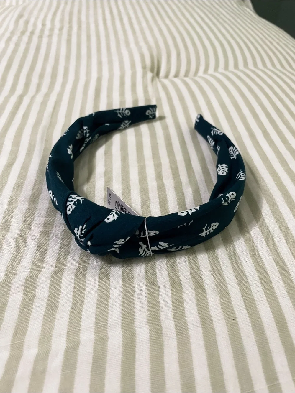 New J. Crew Peacock Ivory Printed Knot Headband Teal Dark Green Cotton Woven